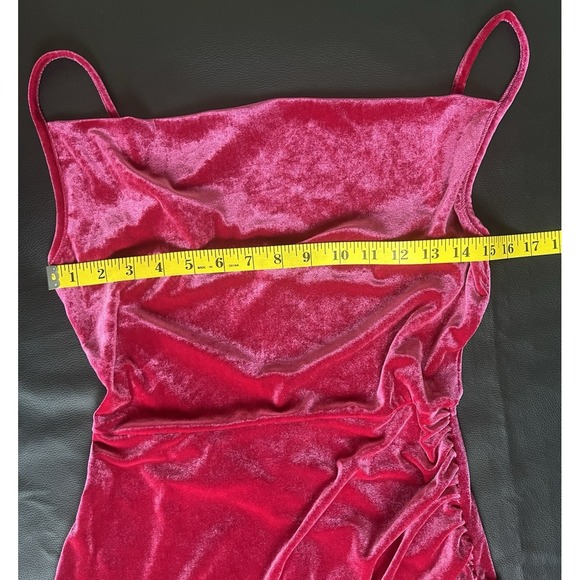 DOUBLE CRAZY Velvet Mini Dress Size M Fuchsia Pink Ruched Cowl Neck Asymmetrical - Picture 6 of 12